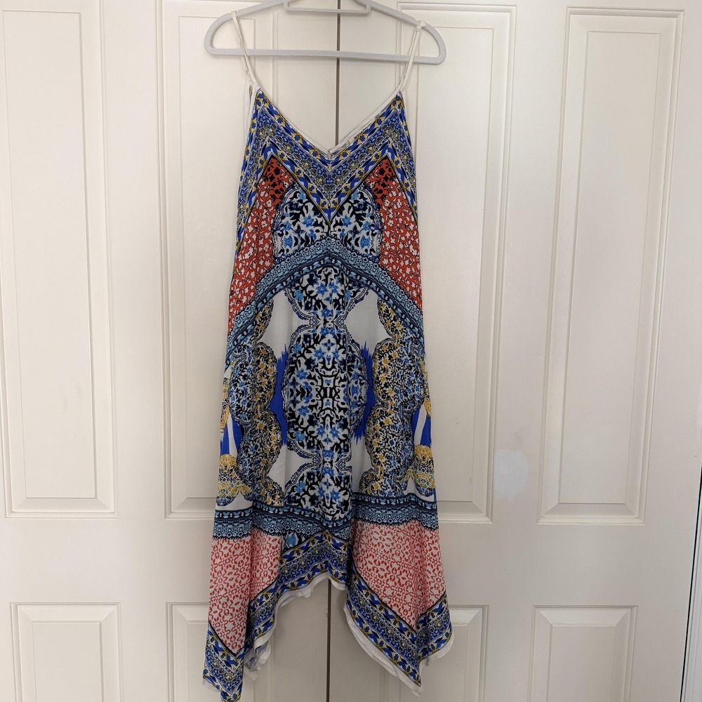 Jealous Tomato Dress Womens Large Multicolor Geometric Handkerchief Hem Boho